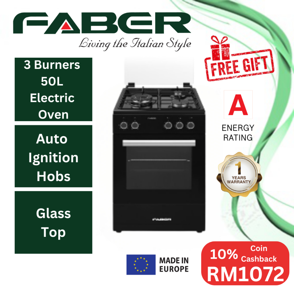 [RM50 VOUCHER] FABER 3 Burner with Oven Free Standing Cooker (50L) Fisso 5583E/BK (FISSO 5583E/BK)