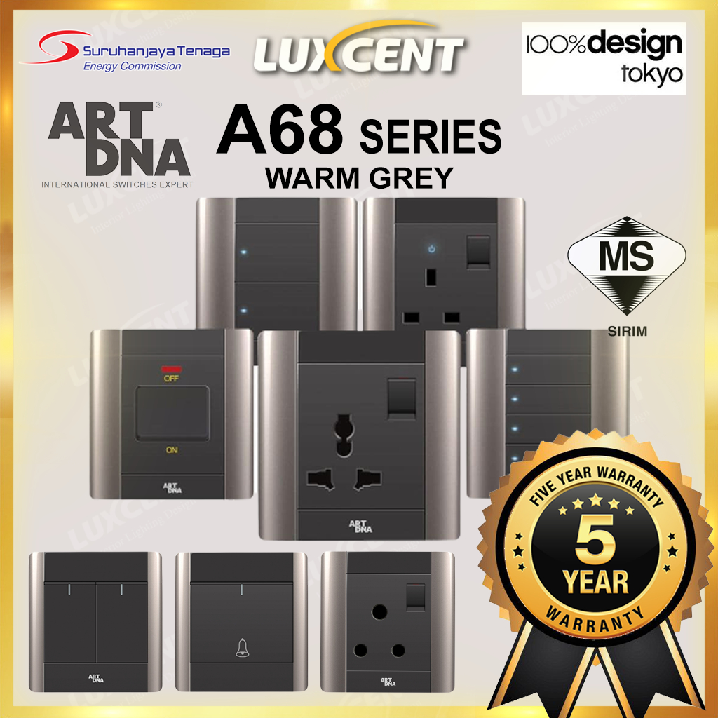 ART DNA A68 Elegant Series Wall Switch & Socket 20A 1/2/3/4 Gang 1/2 Way Doorbell Flat Pin Universal [Warm Grey]