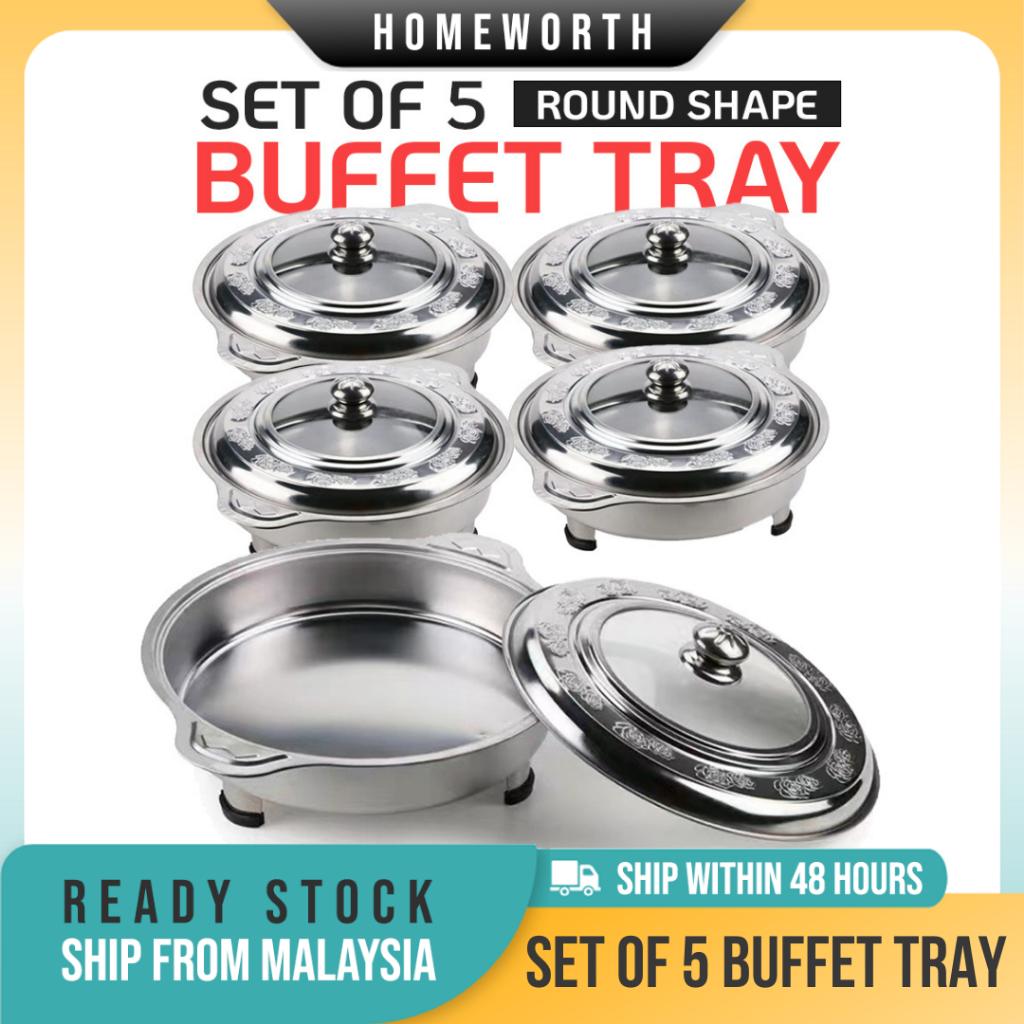 HOMEWORTH 5 PCS Round Buffet Catering Serving Tray Set Embossed Glass Stainless Steel Suitable For Party/Event/Weddings