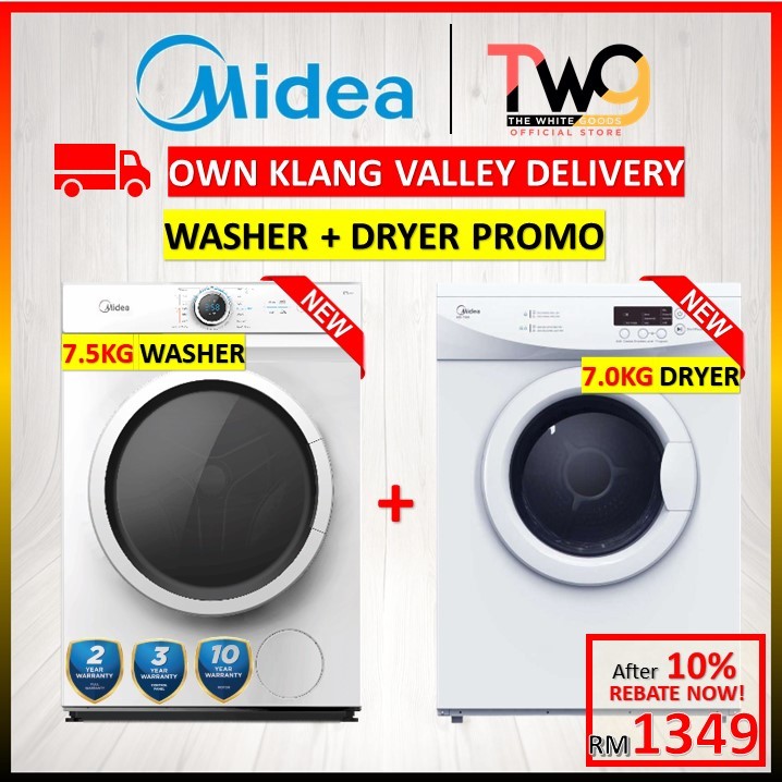 [Secure Delivery] COMBO MIDEA 7.5KG Front Loading Washer and 7KG Dryer Package Bundle MF100W75 MD-7388