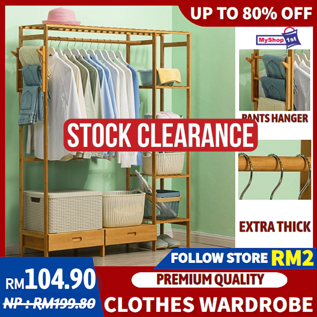 Bamboo Clothes Wardrobe Rack Cabinet Hanger Hanging Pole Almari Pants Shelf Muji Penyangkut Baju