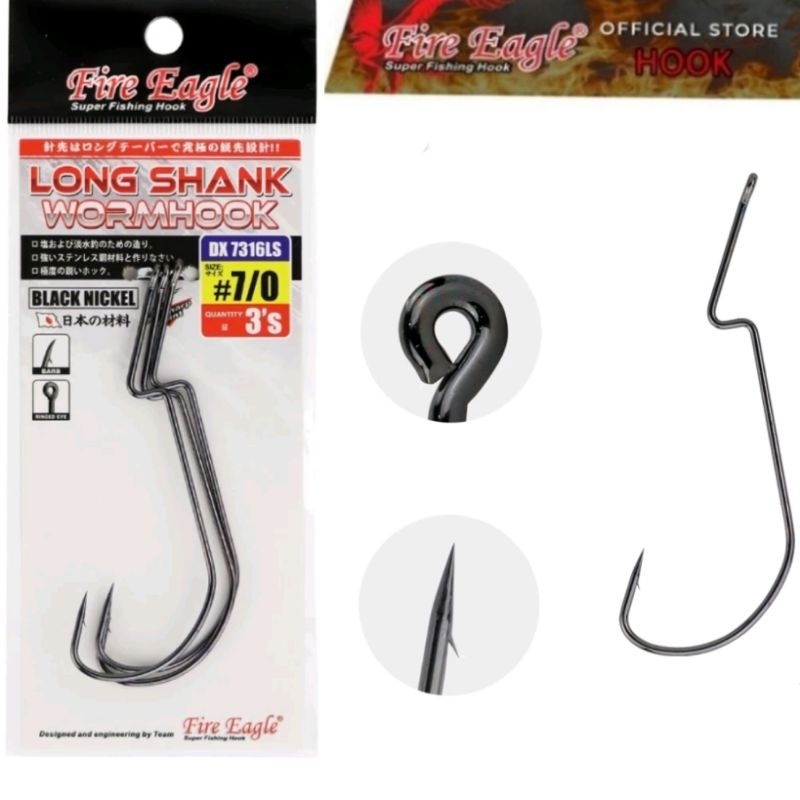 Fire Eagle Long Shank Worm Hook DX 7316LS Fishing Hook Matakail Pancing Black Nickel Live Bait mesin Pancing joran kolam