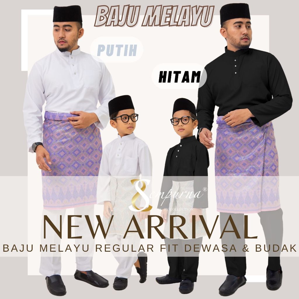 Baju Melayu Dewasa & Budak SEPASANG Slim Fit RAYA Kain Cotton Warna Putih & Hitam - C012BM / C007BM