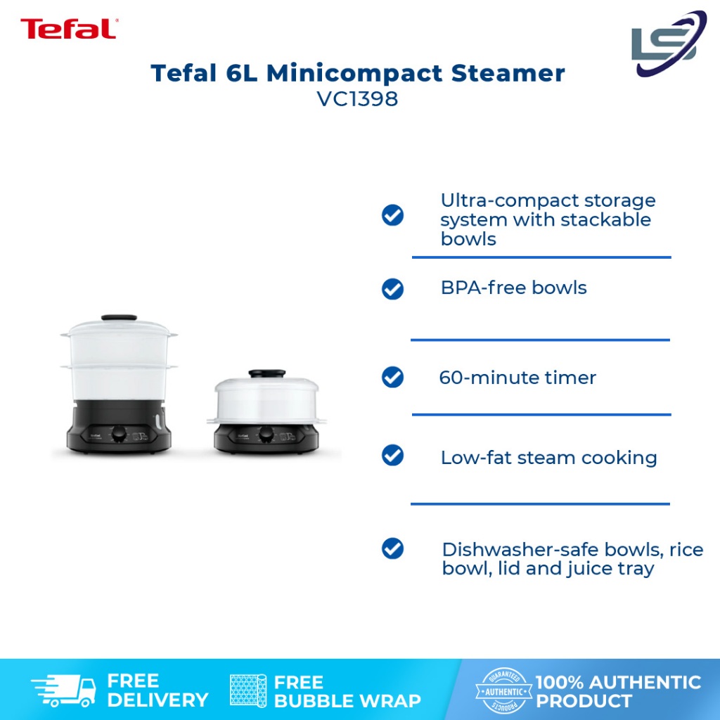 Tefal 6L Minicompact Steamer VC1398 | 800W Power | 60-Minute Timer | Low-fat Steam Cooking