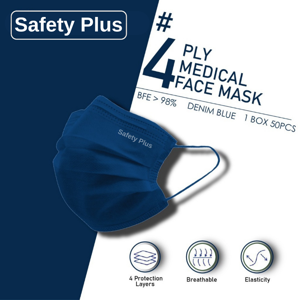 Safety Plus 4PLY Medical Mask BFE 98% Premium Medical Face Mask Extra Protection Medishield Disposable Mask Black/Blue