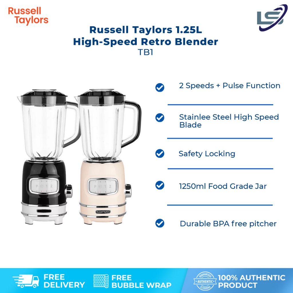 Russell Taylors 1.25L High-Speed Retro Blender TB1 | 300W Power | 2 Speeds + Pulse Function | Safety Locking