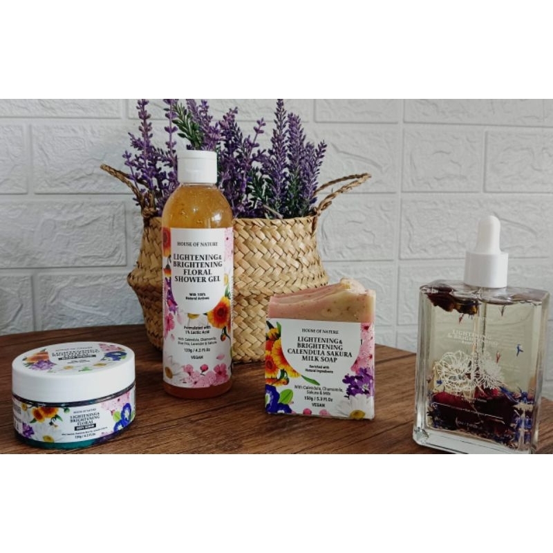 LIGHTENING & BRIGHTENING FLORAL VIBES BODY SERIES BY HOUSE OF NATURE (BODY OIL, SOAP, SHOWER & SCRUB)