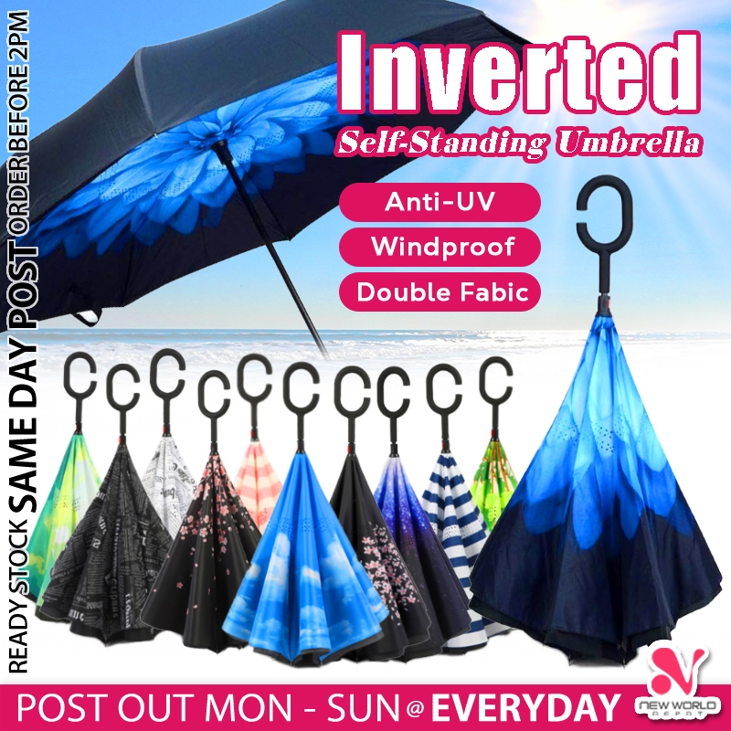 《 》C Shape Handle Reverse Folding Inverted Umbrella Double Layer Windproof Outdoor Rain Cover Payung Lipat 雨伞