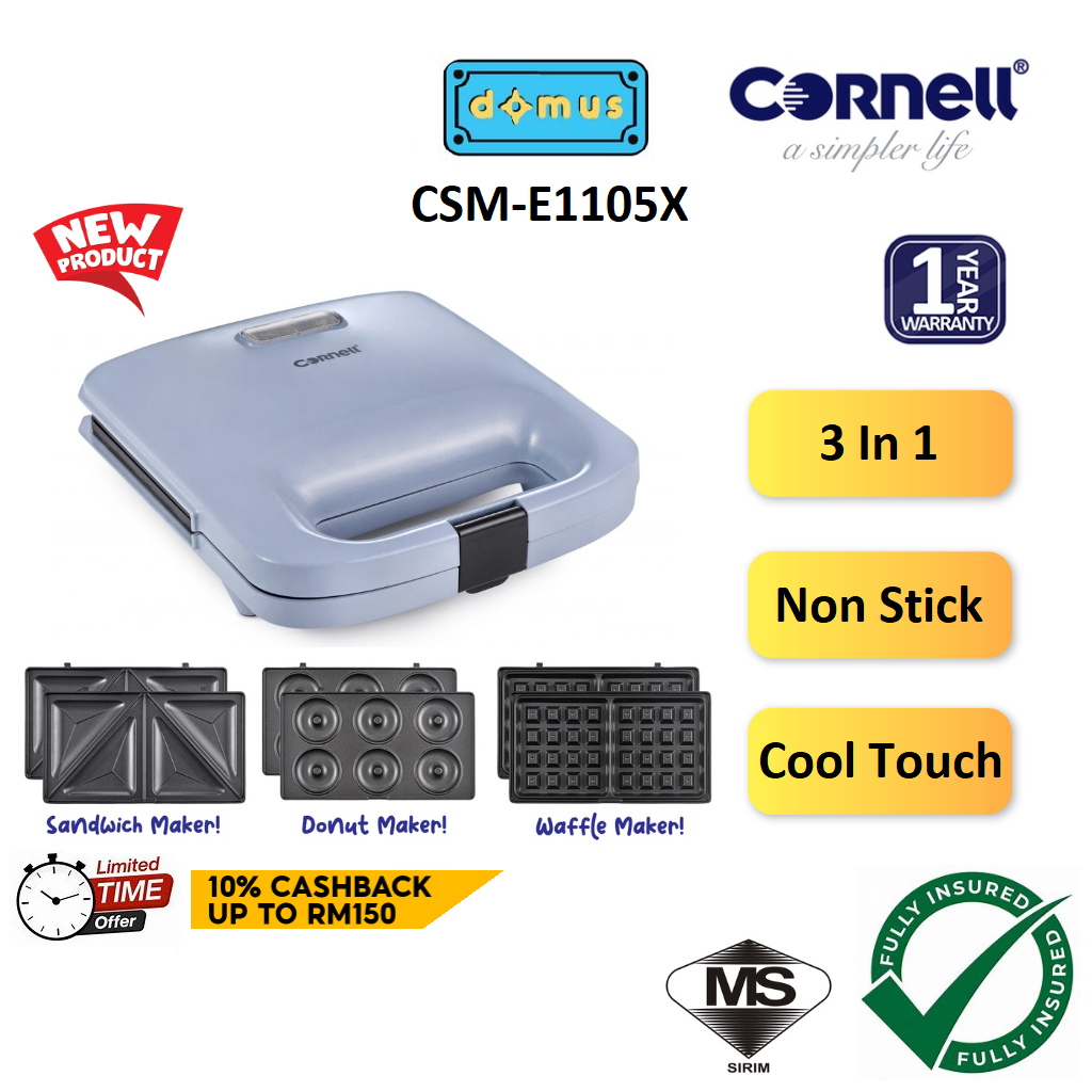 Cornell Blue Bae Series 3 in 1 Waffle Donut & Sandwich Maker Non Stick Snack Maker Toaster CSM-E1105X CSM-E51