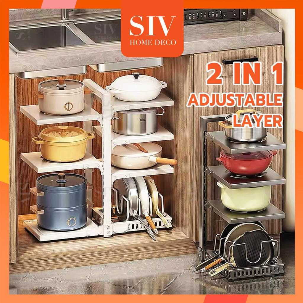 SIV 2-5 Tiers Adjustable Pot and Pan Rack Organizer Rak Bawah Sinki Stainless Steel Kitchen Pans & Pots Storage Shelf