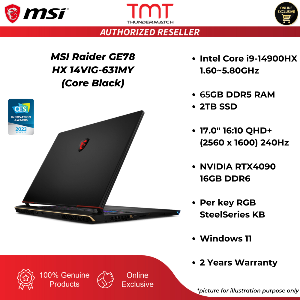 MSI Raider GE78 HX 14VIG-631MY Gaming Laptop (Core Black) | i9-14900HX | 64GB RAM 2TB SSD | 17.0" 16