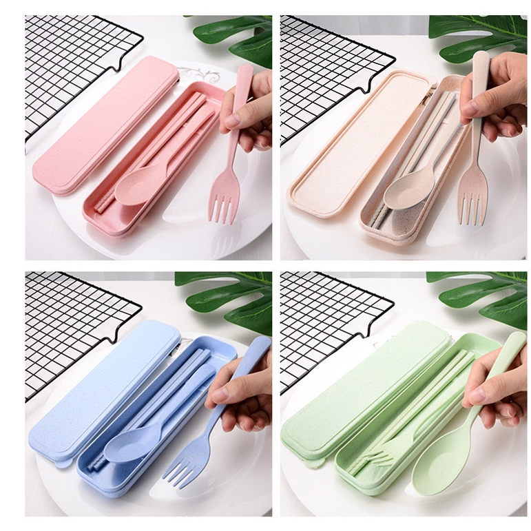 (3-Piece) MILANDO Eco-Wheat Cutlery Set Travel Utensil Tableware Set FREE STORAGE box Set Sudu 环保汤匙叉套(Type 5)