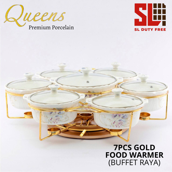 Raya Sale (Ready Stock!!) Queens Porcelain 7pcs Food Warmer with Rack Set with Candle Holder (Buffet Set Raya)