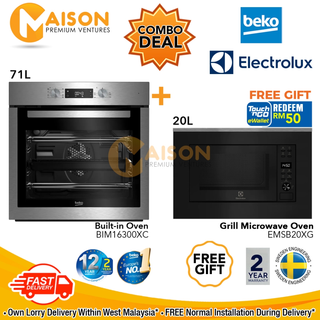 [Combo] Beko Built-in Oven 71Litres BIM16300XC + Electrolux Built-in Microwave with Grill 20L EMSB20XG