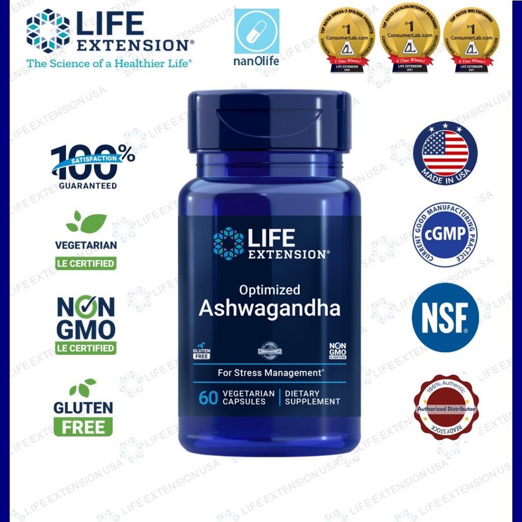 [Life Extension] Optimized Ashwagandha, EXP:04/26, 60 vegetarian capsules, Stress Release, Relief Anxiety 100% Authentic