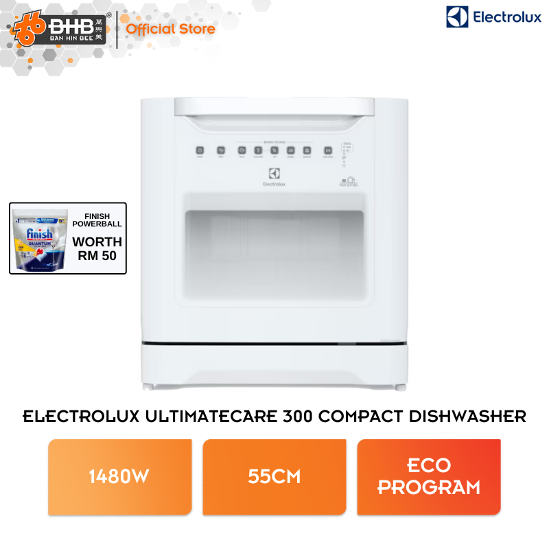 Electrolux 55cm UltimateCare 300 Free Standing Compact Dishwasher 8 Place Settings ESF6010BW 6 Programs Pencuci Pinggan