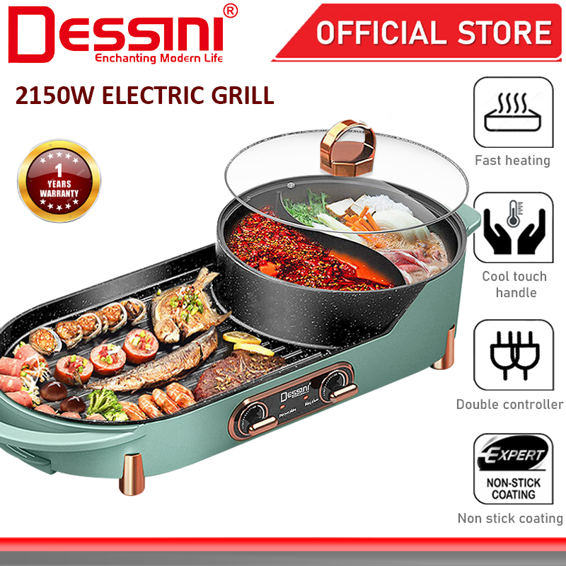 DESSINI ITALY Electric BBQ Grill Non-Stick Pan Teppanyaki Hot Pot Steamboat Barbecue Baking Pan Cooker Elektrik Grill