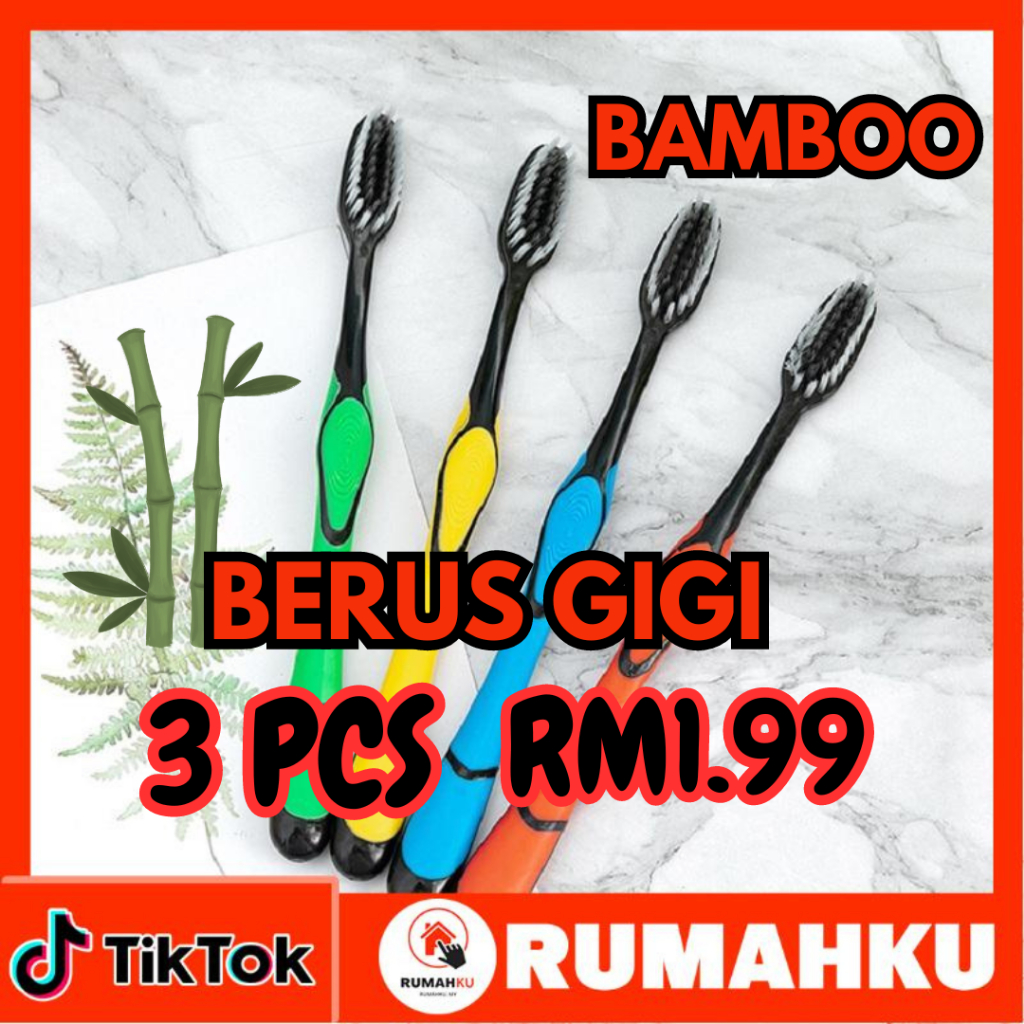 Bamboo Cleancare Charcoal Infusion Medium Toothbrush Gums Teeth Cleaning Brushes Berus Gigi Berarah Serbuk Arang