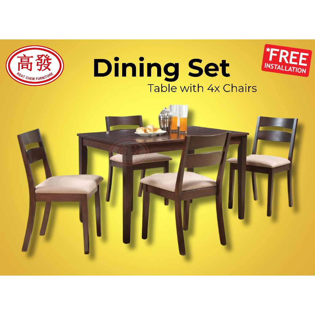 BHM Rubber wood Dining Table Set With 4 Chairs Meja Makan Furniture Dining