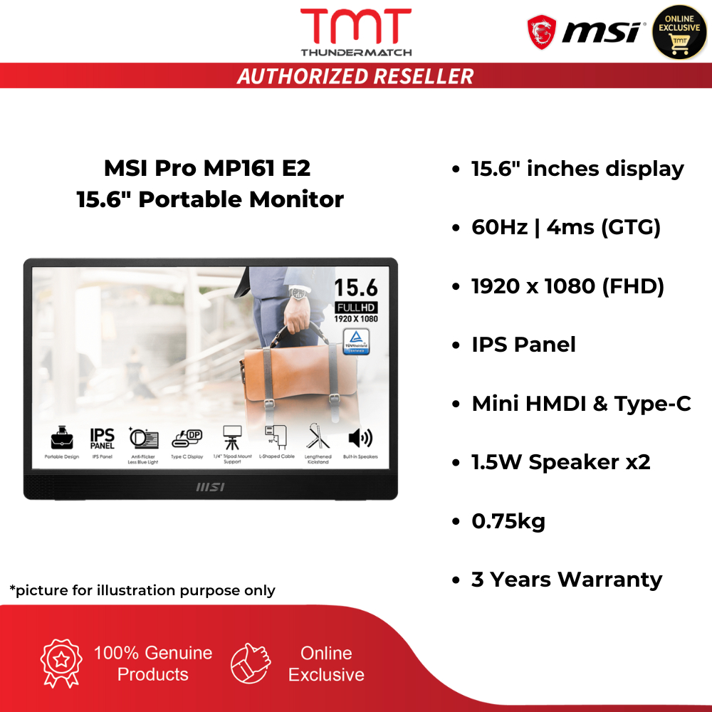 MSI Pro MP161 E2 Portable Monitor | Ultra Slim | 15.6&amp;amp;amp;quot; 60Hz 1920 x 1080 (FHD) | IPS