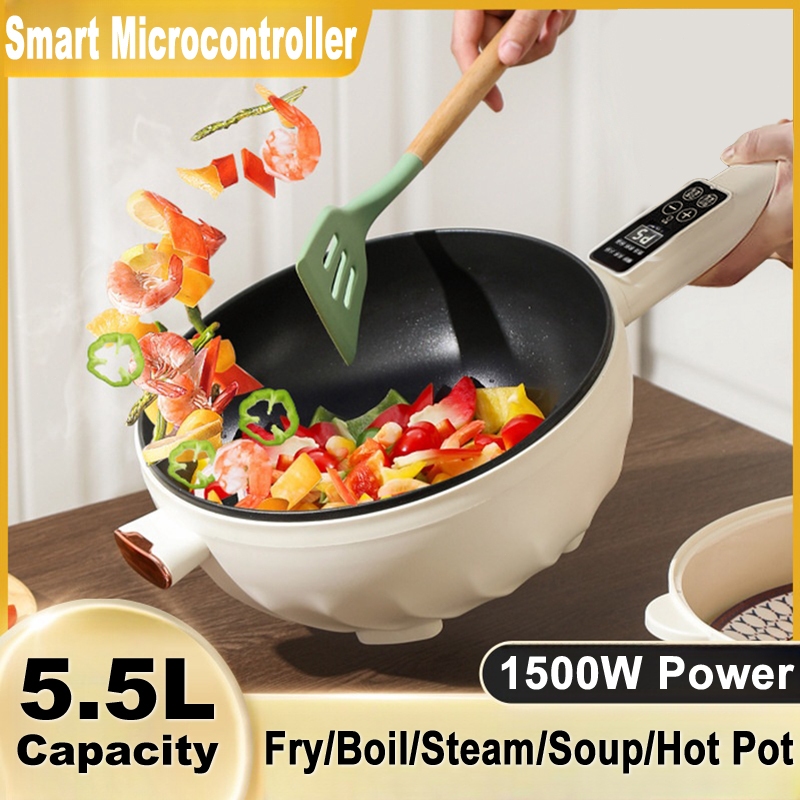 Ready Stock New 5L Electric Frying Pan Electric Cooker 1500W Hot Pot Non Stick Frying Wok Pan Rice Cooker with Steamer