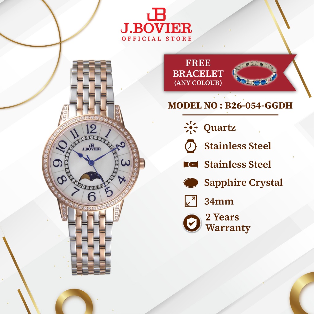 [2 Years Warranty] J.Bovier Moon Phase Quartz Women Watch Jam Tangan Wanita B26-054-GGDH