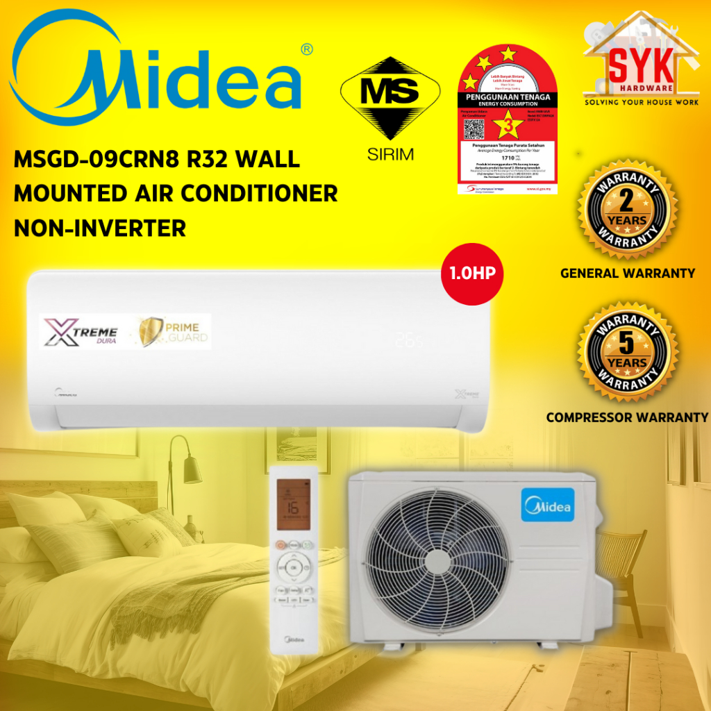 SYK Midea Non Inverter Aircond 1Hp MSGD-09CRN8 Air Cond 1hp Xtreme Dura R32 Air Conditioner Aircon Penghawa Dingin Midea