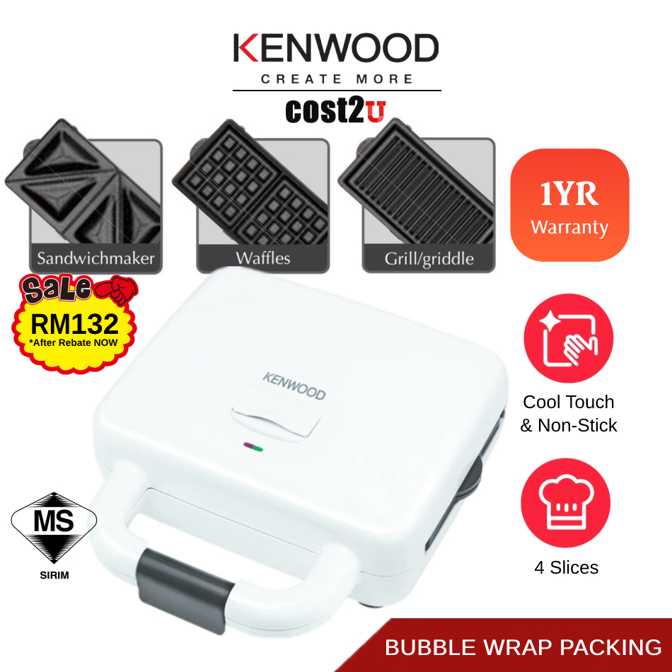 Kenwood 3-in-1 Waffle Sandwich Maker (White) | SMP84.C0WH (Grill Pan Waffle Maker Snack Maker Pembakar Roti)