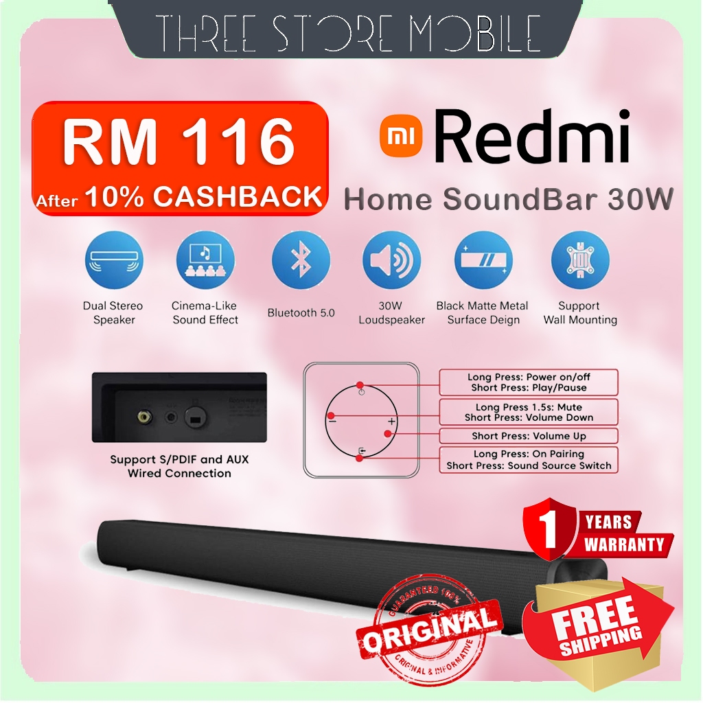 Ready Stock - Xiaomi RedMi 30W Home Theater Soundbar Wireless Bluetooth 5.0 Sound bar