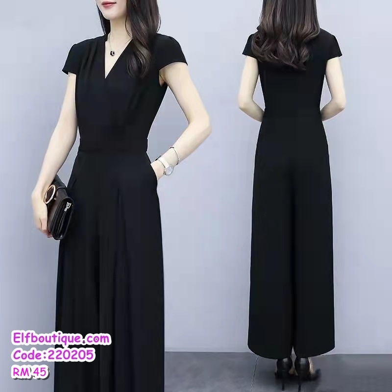 READY STOCK Woman Short Sleeve V-Neck Slim Fit Wide Leg Fashionable Jumpsuit 220205