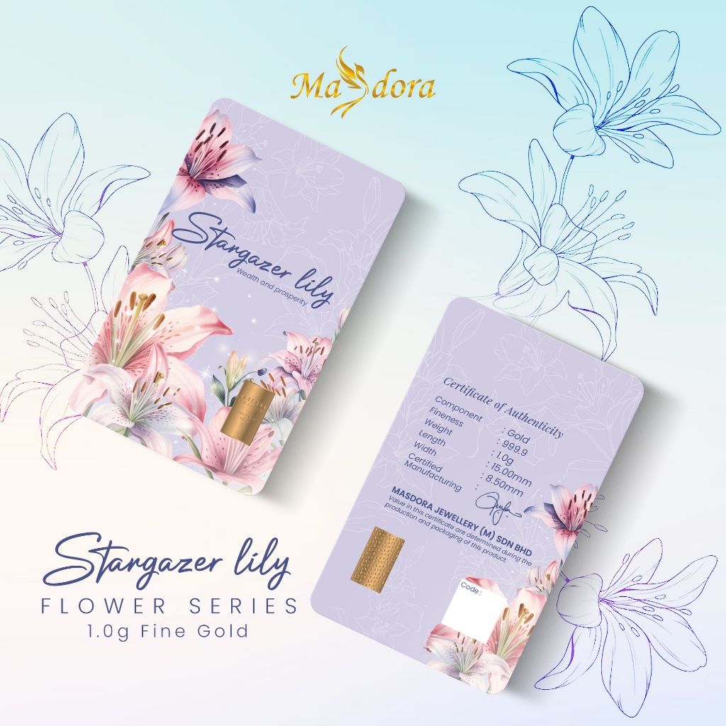 MASDORA 999.9 Gold Bar 1.00GM Flower Series - Stargazer Lily (EMAS 999.9/24K)