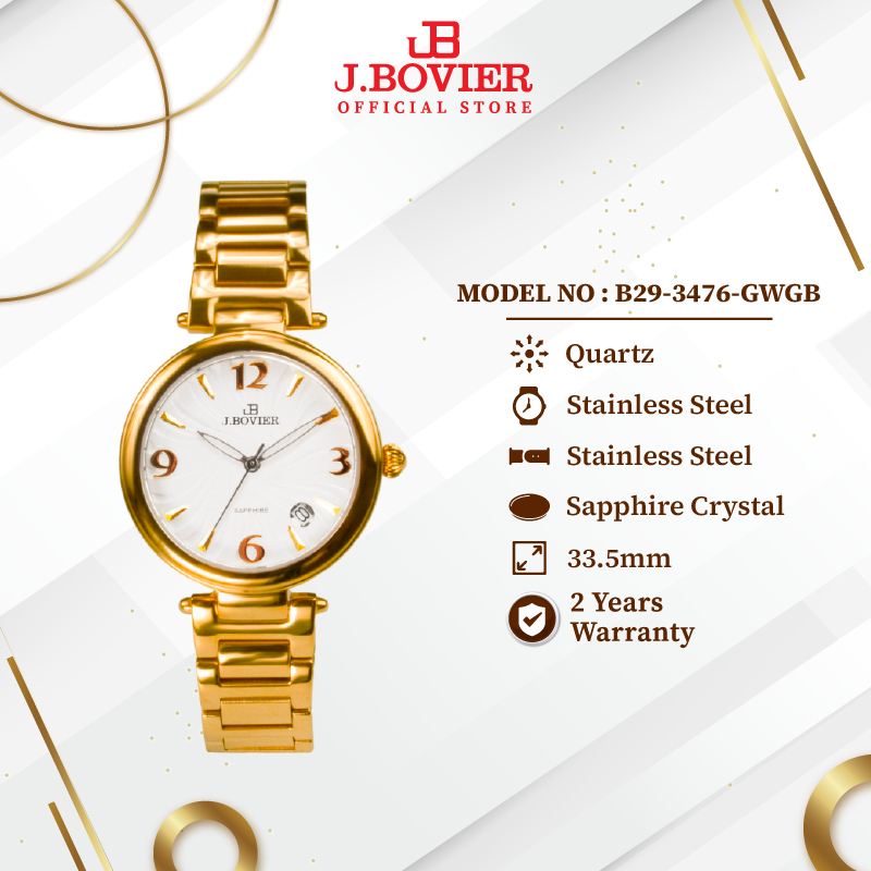 [2 Years Warranty] J.Bovier Sapphire Crystal Glass Women Watch Jam Tangan Wanita B29-3476-GWGB