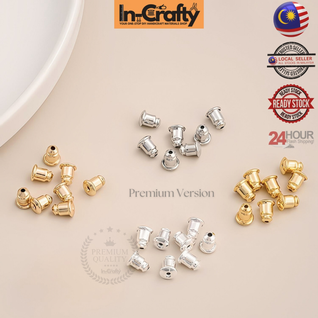 IN-CRAFTY / Premium Earring Stopper 14K 18K Silver Bullet Back Studs / Anti Allergic Gold Silicone Ear Plugs Subang DIY