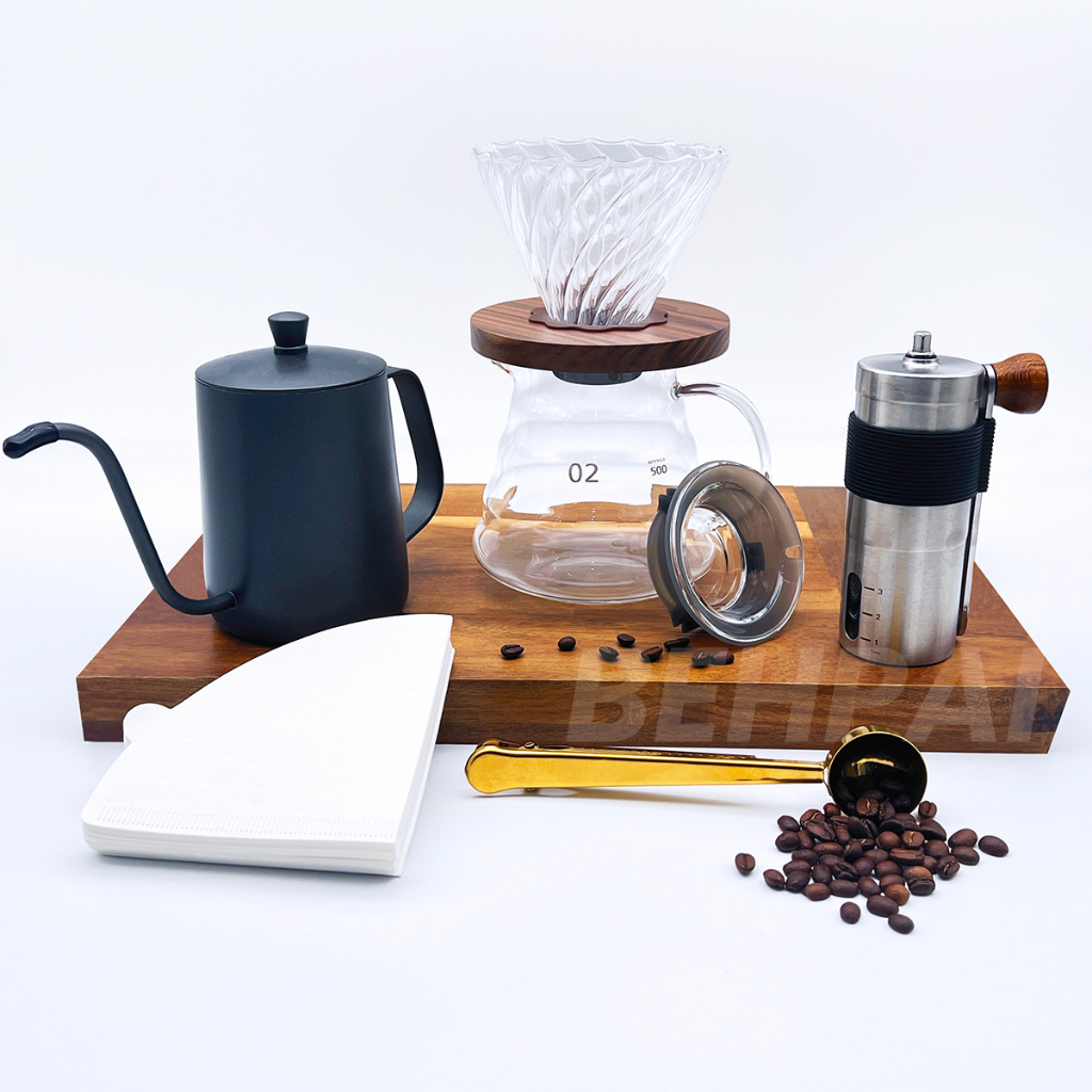 Hand Grinder Coffee Set Full Set Household Small Coffee Bean Grinder Pot Spoon Filter paper 6pcs set / Manual Kopi set