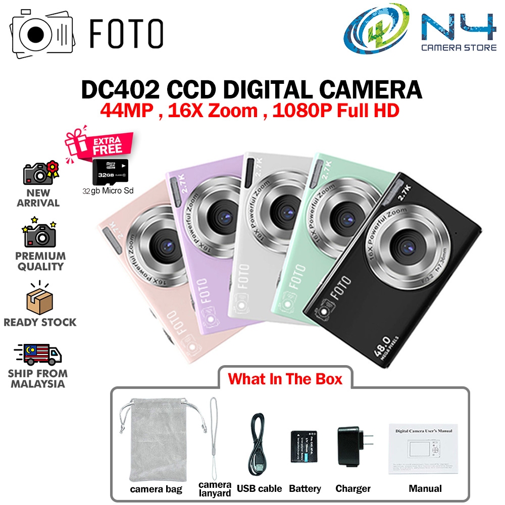 FOTO DC402 CCD Digital Camera FHD 2.7K 48MP, 2.8 Inch LCD Camera with Auto Focus 16X D Zoom (With 32GB Memory card)