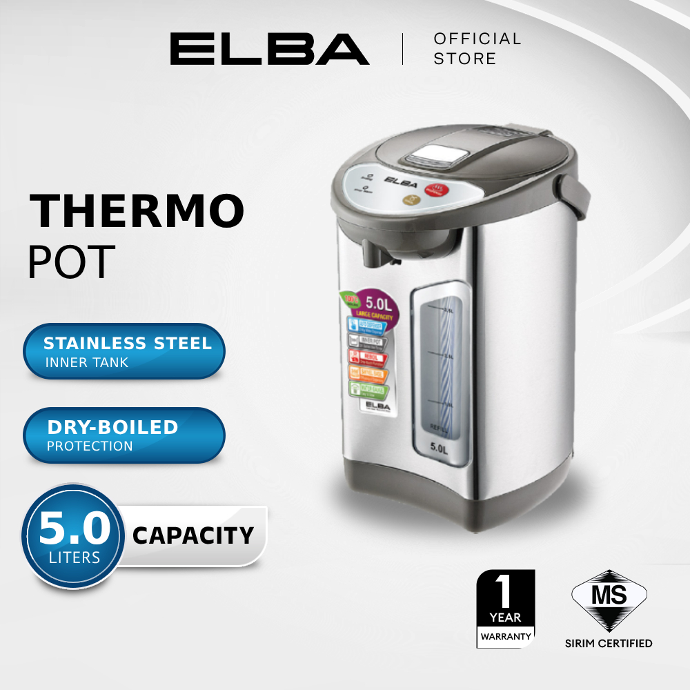 ELBA 5L Thermo Pot ETP-F5018(BR) - Round Type Heating Element, White (5L/730W)