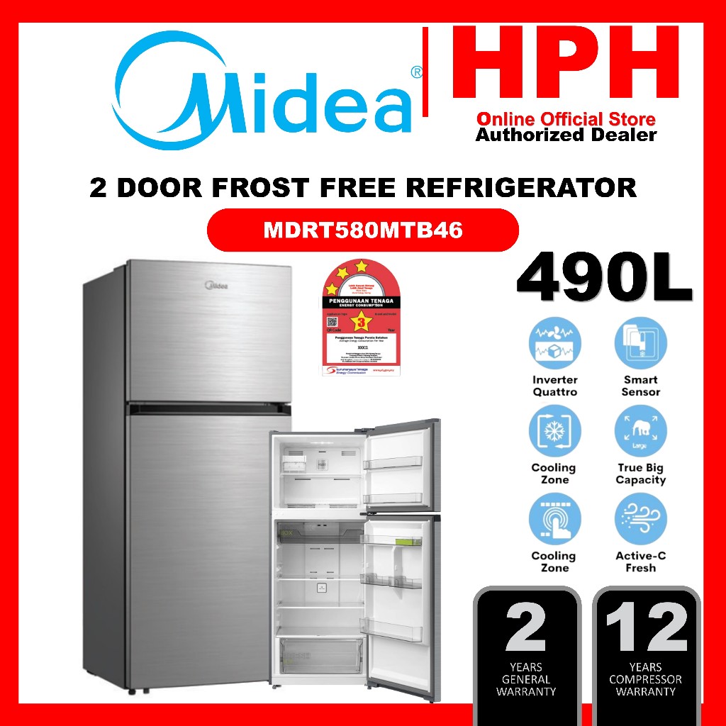 Midea Inverter Quattro 490L / 400L 2 Door Fridge Refrigerator MDRT489MTB46-MY MDRT580MTB46-MY MDRB431FGG28-MY