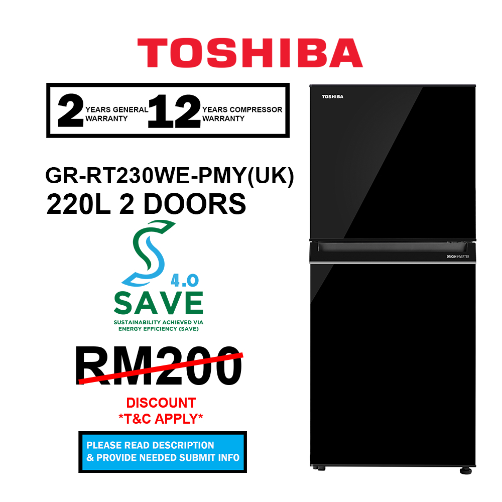 (SAVE 4.0) Toshiba 220L 2 Doors Inverter Refrigerator GR-RT230WE-PMY(SS) Silver / GR-RT230WE-PMY(UK) Urban Black