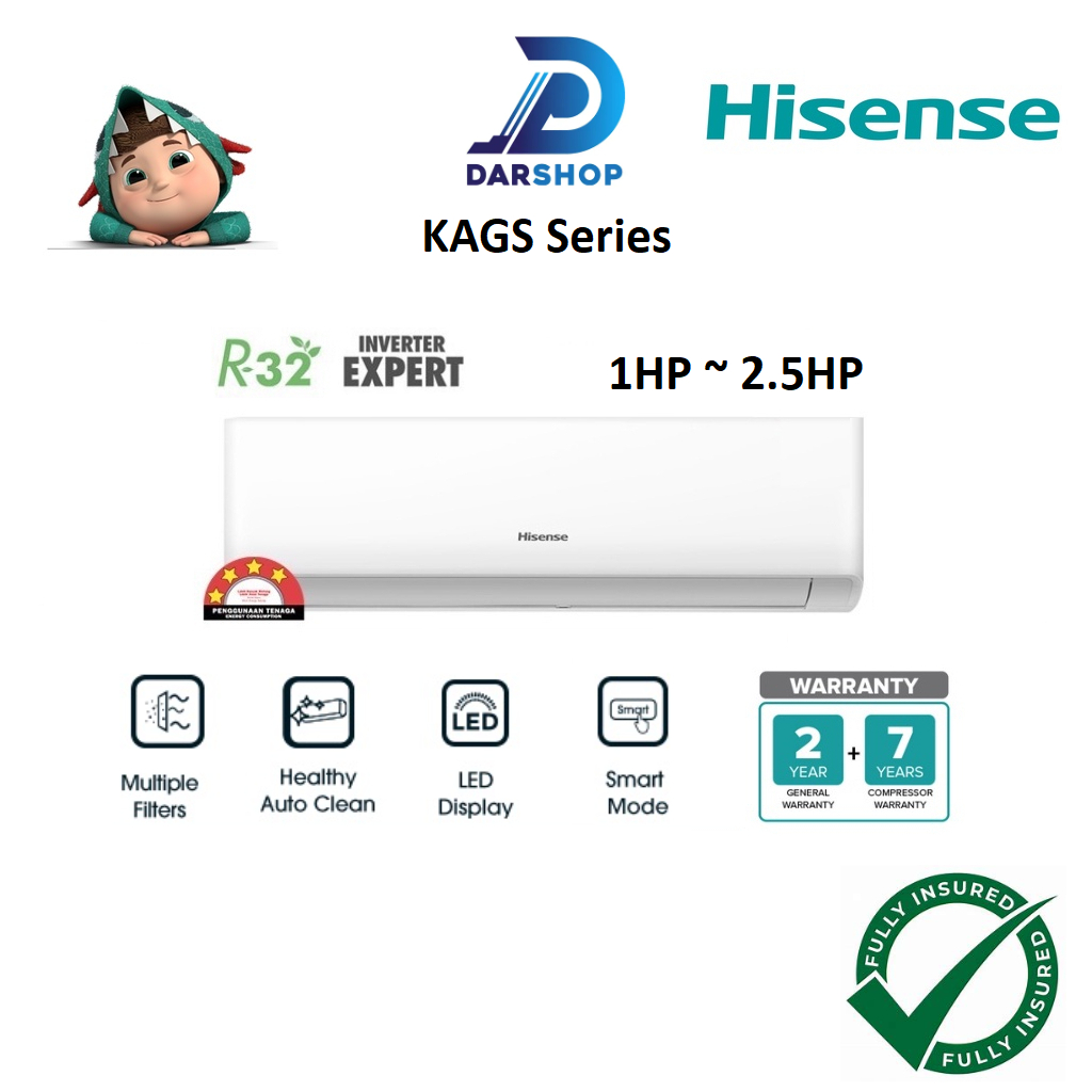 Hisense Aircond Inverter 1HP 1.5HP 2HP 2.5HP Air Conditioner Aircon Penghawa Dingin Air Cond 1HP 冷气机 冷氣機 KAGS Series