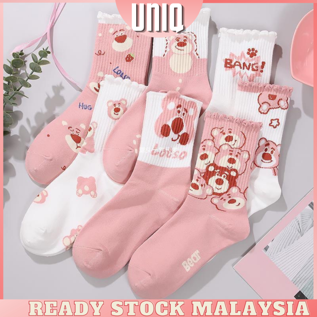 Cute Women's Pink Strawberry Bear Socks Instagram Trendy Versatile Autumn and Winter Mid Length Socks Academy Style Lon