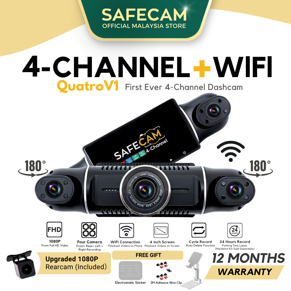 SAFECAM QuatroV1 4-Channel Dashcam FHD 1080P + 1080P + 1080P + 1080P Built-in WIFI 24-H Time Lapse Infrared Cabin