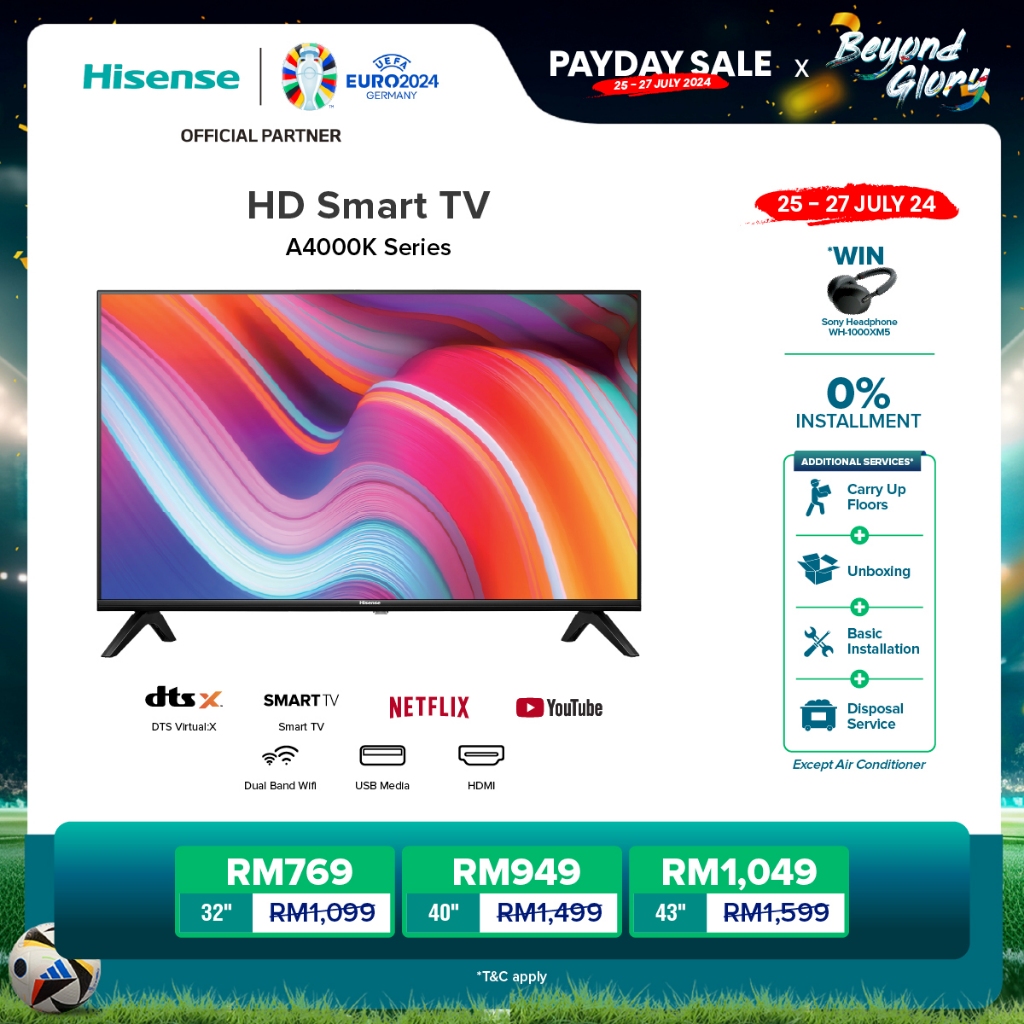 [Free Installation] Hisense Bezel-Less Smart HD/FHD TV/Television 电视 (32"/40"/43") A4000K