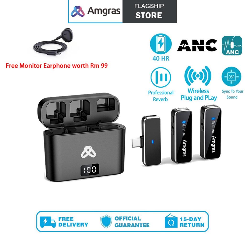 Amgras SoundMeta III Pro ANC Wireless Lavalier Microphone With ANC Active Noise Cancelling Dual-Channel Recording LCD