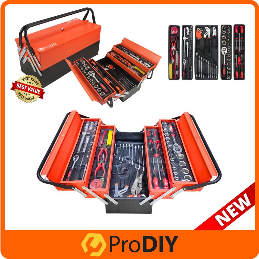 PRODIY 85PCS / 86PCS Metal Tool Box Set Tool Box Heavy Duty Tools Box Full Set Kotak Spanar Box Ratchet Set Spanar Set