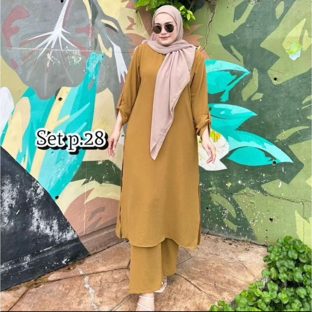 New Suit Set Muslimah (Seluar Palazo) Kain CEY IRONLESS PLAIN Wanita