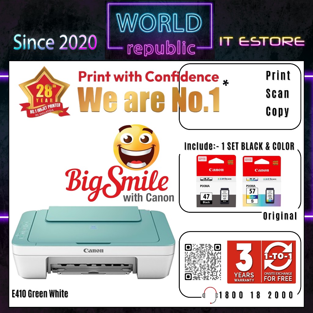 Canon Printer E410 Green White AIO Inkjet - Print Scan Copy - PG47 PG-47 CL57s CL-57s CL57 CL-57 - 3 Years Warranty