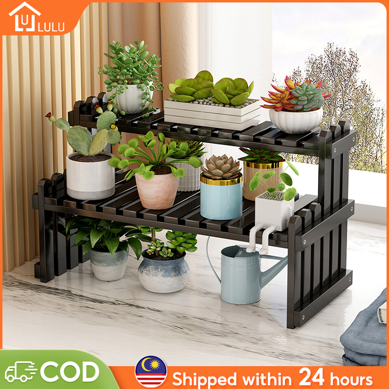 1/2 Tiers Desk Flower Pot Desktop Small Flower Rack Indoor Balcony Floor-Standing Plant Bamboo Wooden Rack Flower Potted