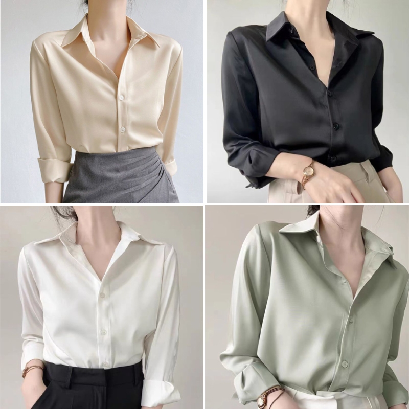 Women Satin Pian Blouse Long Sleeve Casual/Formal Kemeja Perempuan Office Lady Tops