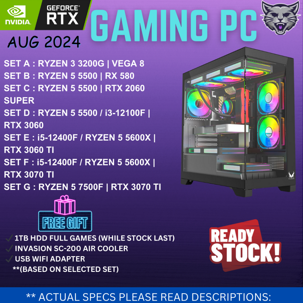 Budget Gaming PC Desktop 2024 with Intel/ Ryzen /RTX High Spec Fullset 24" Monitor 3 Years Warranty!