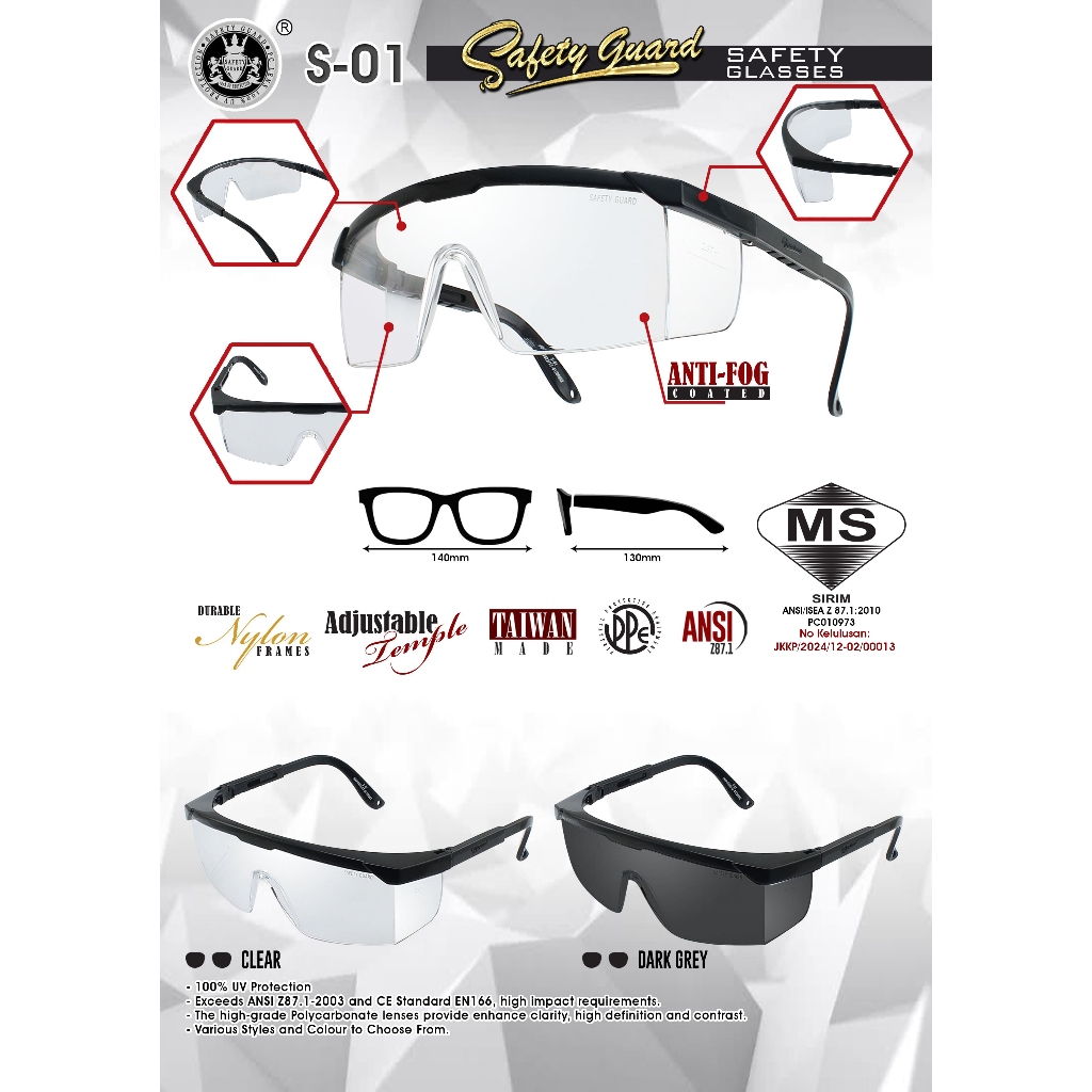 DOSH Sirim Approval Personal Eye & Face Protection Devices Safety Guard S-01 Anti-Fog Lens 100% UV Protection